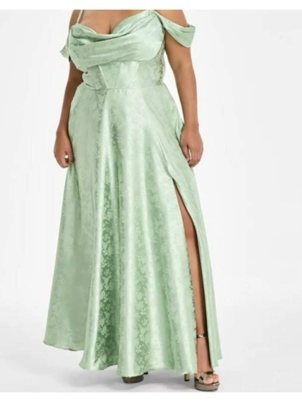 B Darlin Sage Green Formal Dress 16W Off Shoulder Gown Prom Evening NWT Flaw